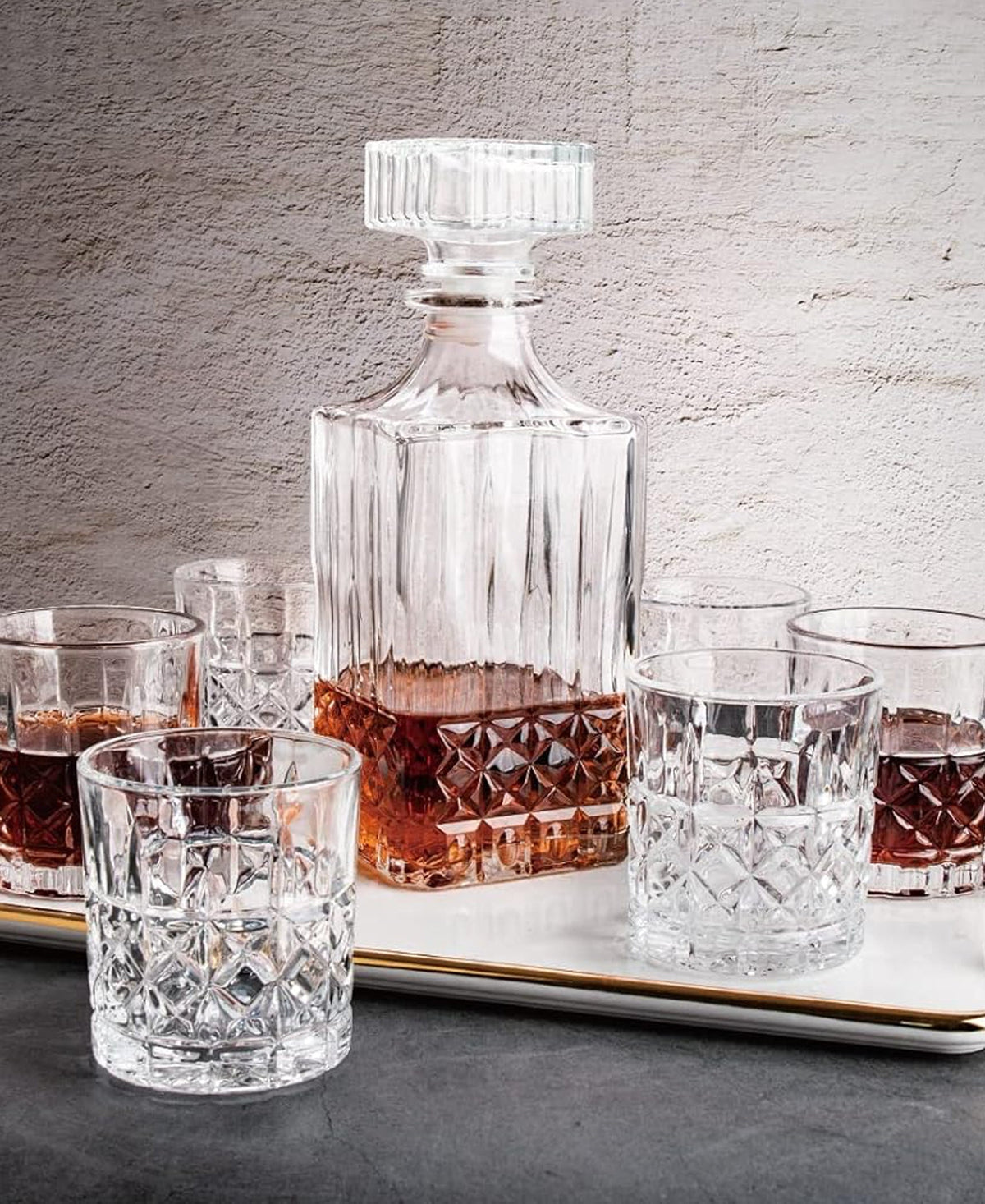 HIGHLAND 7 PC WHISKEY SET RB GLASSES 7.5 oz, 3.22”H x 2.95”D, DECANTER 25 oz, 8.77”H x 3.5”D