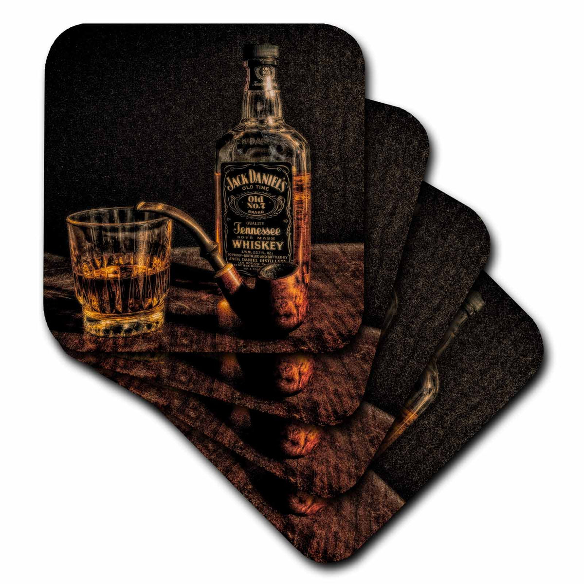 3dRose Whiskey Bottle and Glass with Tobacco Pipe - Coasters (cst_338545)