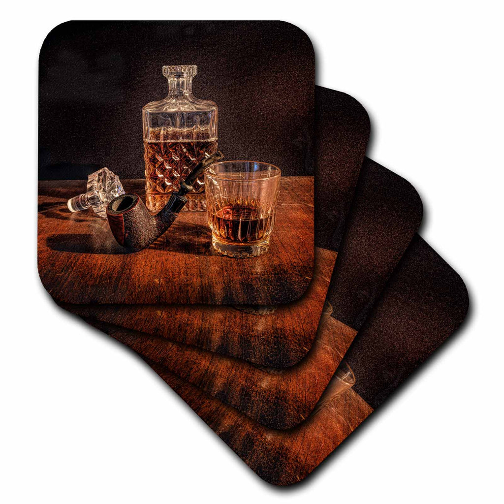 3dRose Whiskey Decanter and glass with Tobacco Pipe - Coasters (cst_338547)
