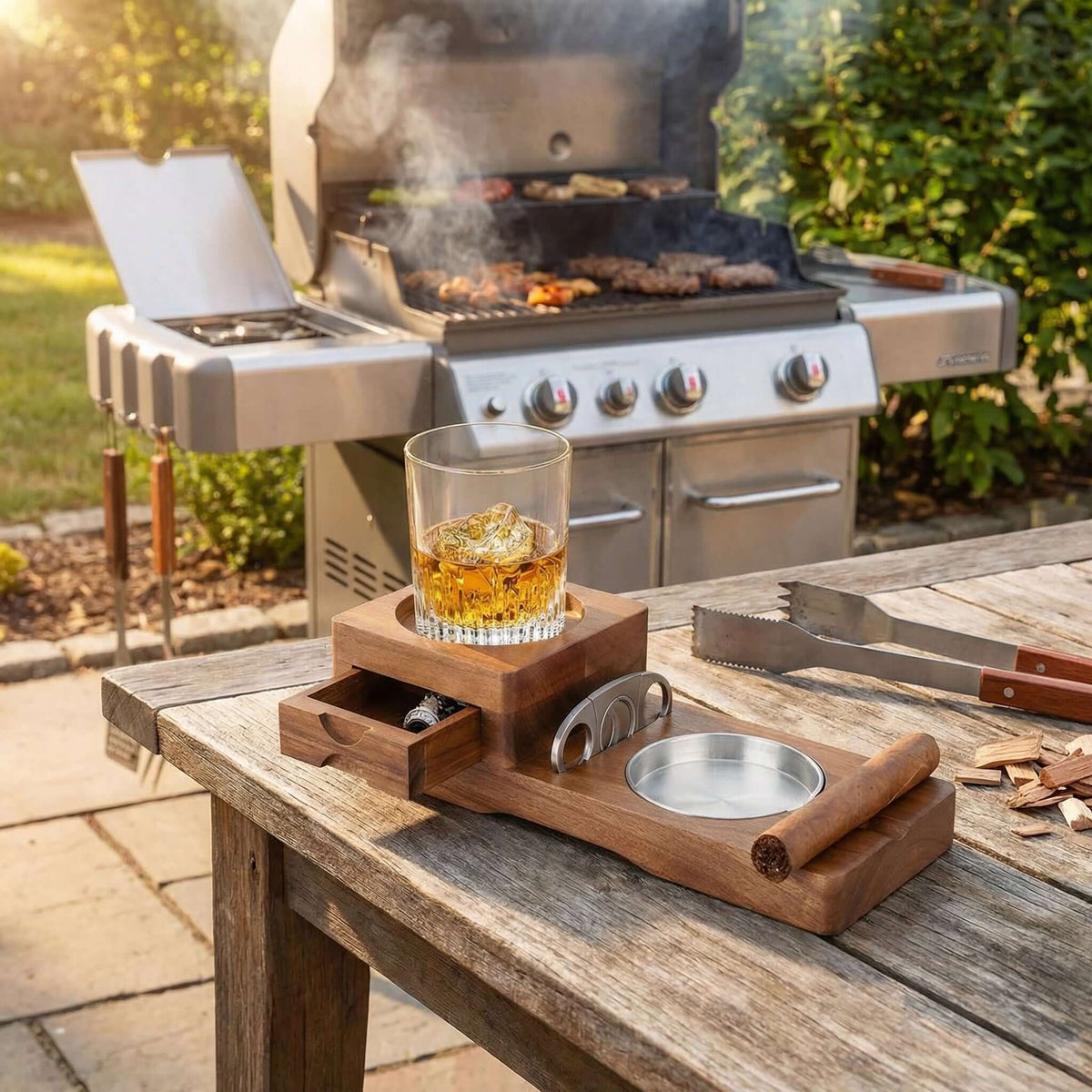 Multifunction Cigar & Whiskey Gift Set Stand with Ashtray and Drawer