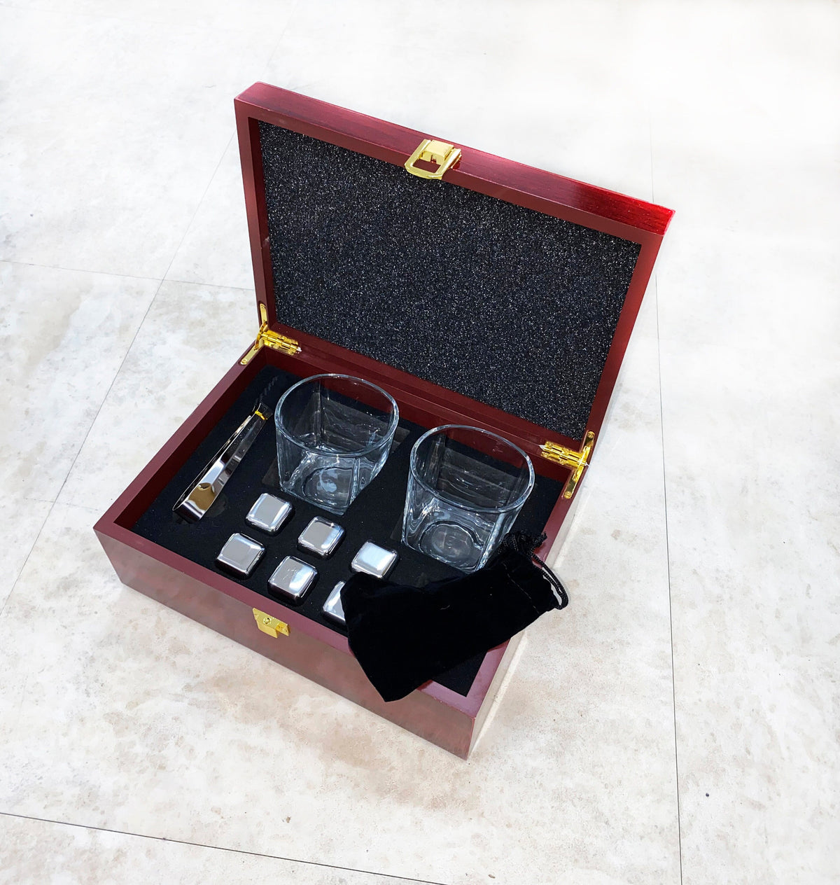 Gift Set, Personalized Whisky Glasses Rosewood Box Stainless Steel Ice Cubes - Custom Engraving - Groomsman Gift Idea - Gift for Anniversary