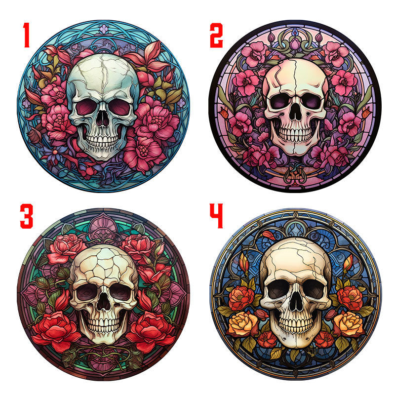 Wooden Round Coasters - Multiple Stained Glass Skulls Designs - Set of 4 W/ Wooden Caddy