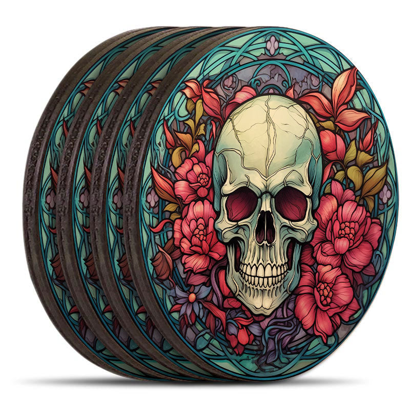 Wooden Round Coasters - Multiple Stained Glass Skulls Designs - Set of 4 W/ Wooden Caddy