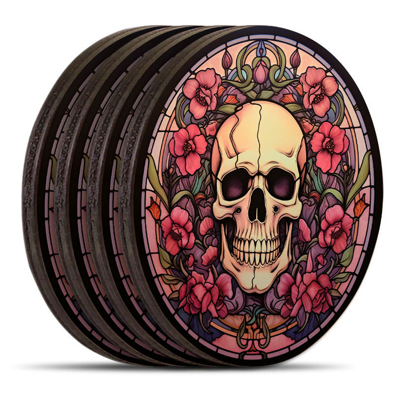 Wooden Round Coasters - Multiple Stained Glass Skulls Designs - Set of 4 W/ Wooden Caddy
