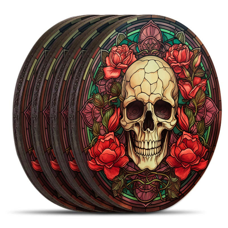 Wooden Round Coasters - Multiple Stained Glass Skulls Designs - Set of 4 W/ Wooden Caddy
