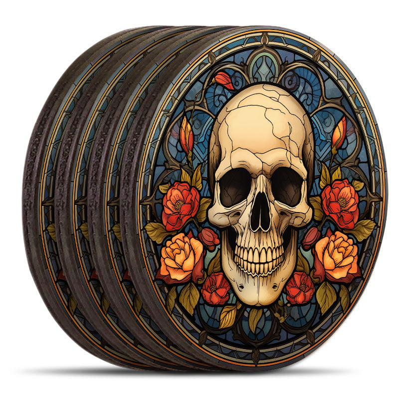 Wooden Round Coasters - Multiple Stained Glass Skulls Designs - Set of 4 W/ Wooden Caddy