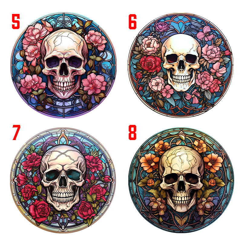 Wooden Round Coasters - Multiple Stained Glass Skulls Designs - Set of 4 W/ Wooden Caddy
