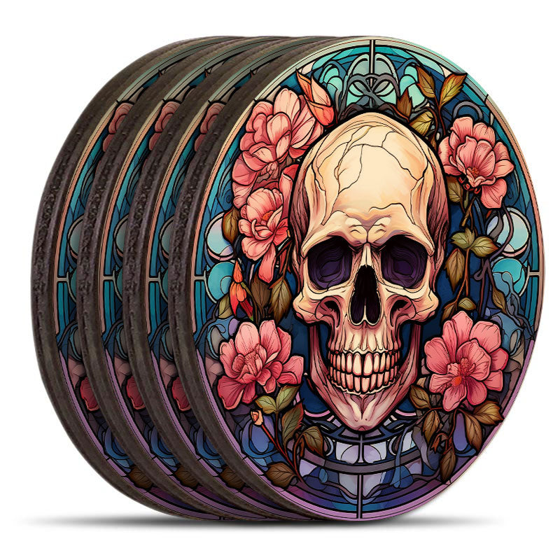 Wooden Round Coasters - Multiple Stained Glass Skulls Designs - Set of 4 W/ Wooden Caddy