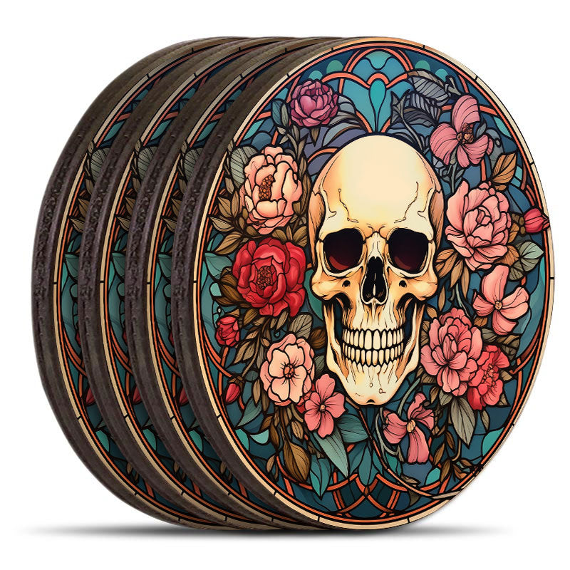 Wooden Round Coasters - Multiple Stained Glass Skulls Designs - Set of 4 W/ Wooden Caddy