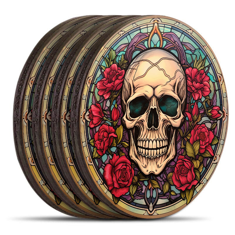 Wooden Round Coasters - Multiple Stained Glass Skulls Designs - Set of 4 W/ Wooden Caddy