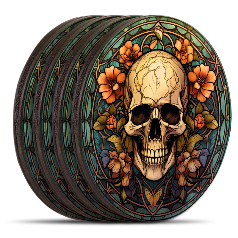Wooden Round Coasters - Multiple Stained Glass Skulls Designs - Set of 4 W/ Wooden Caddy