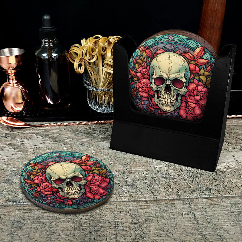 Wooden Round Coasters - Multiple Stained Glass Skulls Designs - Set of 4 W/ Wooden Caddy