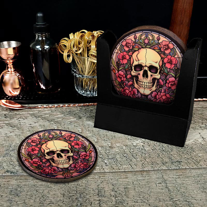 Wooden Round Coasters - Multiple Stained Glass Skulls Designs - Set of 4 W/ Wooden Caddy