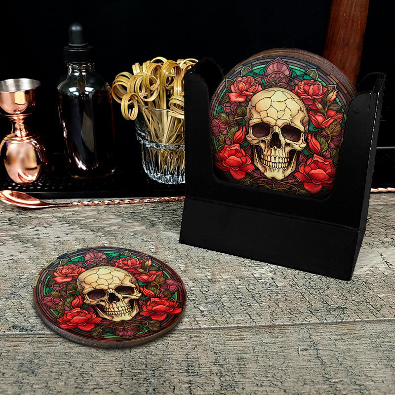 Wooden Round Coasters - Multiple Stained Glass Skulls Designs - Set of 4 W/ Wooden Caddy