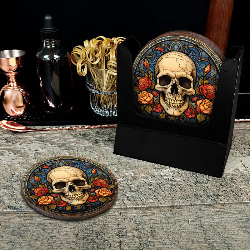 Wooden Round Coasters - Multiple Stained Glass Skulls Designs - Set of 4 W/ Wooden Caddy