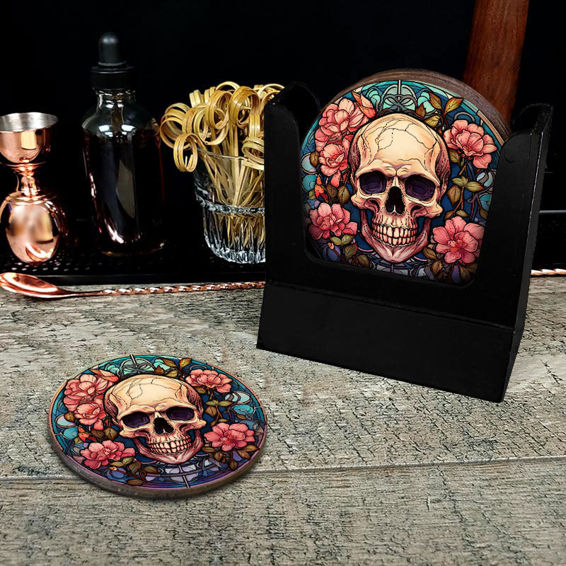 Wooden Round Coasters - Multiple Stained Glass Skulls Designs - Set of 4 W/ Wooden Caddy