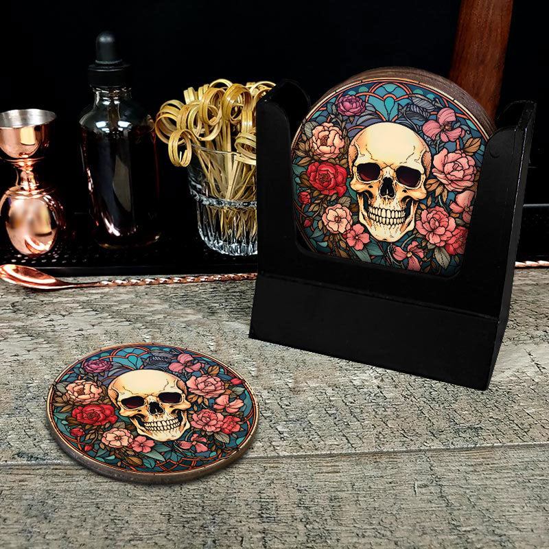 Wooden Round Coasters - Multiple Stained Glass Skulls Designs - Set of 4 W/ Wooden Caddy