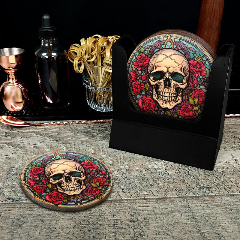 Wooden Round Coasters - Multiple Stained Glass Skulls Designs - Set of 4 W/ Wooden Caddy