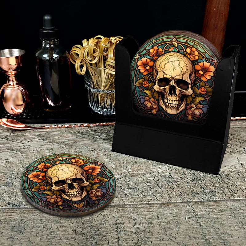 Wooden Round Coasters - Multiple Stained Glass Skulls Designs - Set of 4 W/ Wooden Caddy